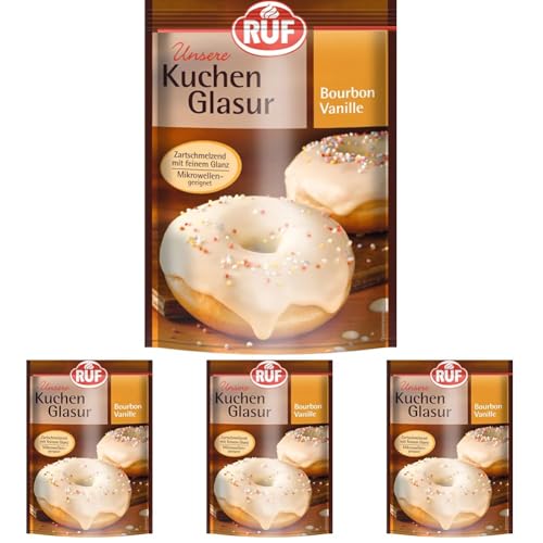 RUF Kuchen-Glasur Bourbon Vanille, 100g im Beutel, mikrowellengeeignet, zum Glasieren & Dekorieren von Plätzchen, Muffins & Kuchen, glutenfrei (Packung mit 4) von RUF