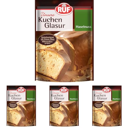 RUF Kuchen-Glasur Haselnuss, 100g im Beutel, mikrowellengeeignet, zum Glasieren von Nuss-Kuchen, Pralinen & Brownies, glutenfrei (Packung mit 4) von RUF