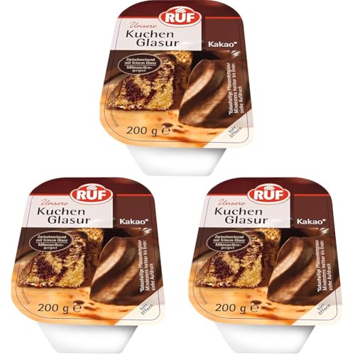 RUF Kuchen-Glasur Kakao, 200g im Becher, mikrowellengeeignet, zum Glasieren & Dekorieren von Plätzchen, Kuchen & Torten, glutenfrei (Packung mit 3) von RUF