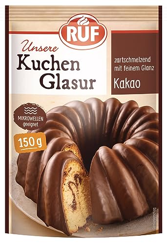 RUF Kuchen-Glasur Kakao, Schokoladen-Glasur im 150 g Beutel, mikrowellengeeignet, zum Glasieren von Plätzchen, Kuchen & Muffins, 1 x 150g von RUF