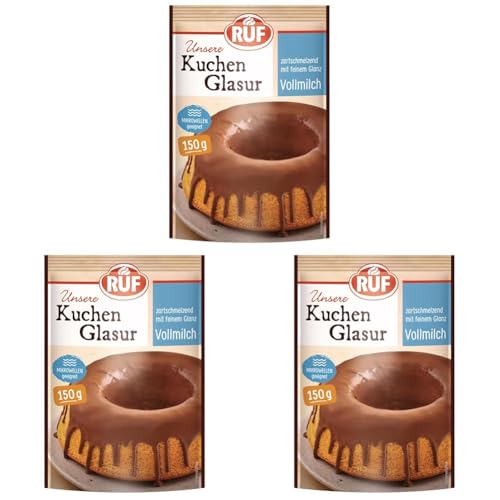 RUF Kuchen-Glasur Vollmilch-Schokolade, Fettglasur im 150 g Beutel, mikrowellengeeignet, zum Glasieren von Kuchen, Torten, Gebäck & Muffins, 1 x 150 g (Packung mit 3) von RUF