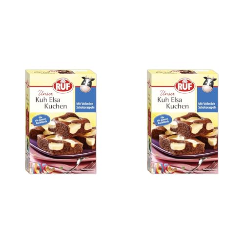 RUF Kuh Elsa Kuchen, Schokokuchen mit Kuhflecken aus Quarkcreme und Schokoraspeln aus Vollmilchschokolade, praktische Backmischung für Kindergeburtstage, 1x750g (Packung mit 2) von RUF