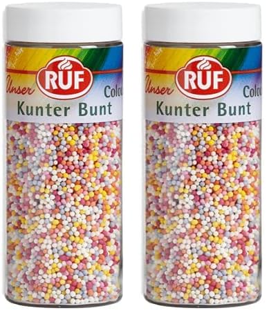 RUF Kunterbunte Nonpareilles, Zucker-Perlen, Streu-Dekor in bunten Farben, Mini Zucker-Kugeln zum Verzieren von Eis, Torten und Muffins (Packung mit 2) von RUF