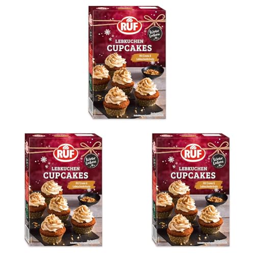 RUF Lebkuchen Cupcakes, leckere Lebkuchen Muffins mit cremigem Frosting, winterlichen Gewürzen sowie dekorativen Lebkuchenstreuseln, mit 8 Muffin Förmchen, 1x350g (Packung mit 3) von RUF