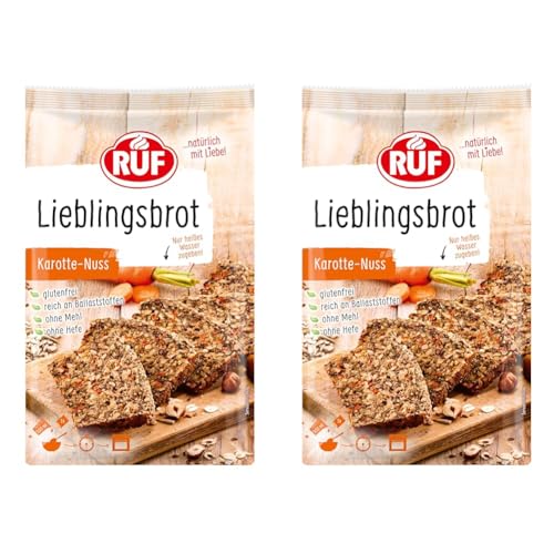 RUF Lieblingsbrot Karotte-Nuss, Brot-Backmischung, Brotmischung, Brotteig-Mischung, für Brot wie vom Bäcker, glutenfrei, ohne Mehl und Hefe, 1 x 600g (Packung mit 2) von RUF