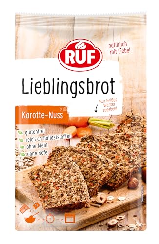 RUF Lieblingsbrot Karotte-Nuss, Brot-Backmischung, Brotmischung, Brotteig-Mischung, für Brot wie vom Bäcker, glutenfrei, ohne Mehl und Hefe, 1 x 600g von RUF