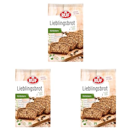 RUF Lieblingsbrot Kürbiskern, Brot-Backmischung, Brotmischung, Brotteig-Mischung, für Brot wie vom Bäcker, glutenfrei, ohne Mehl und Hefe, 1 x 600g (Packung mit 3) von RUF