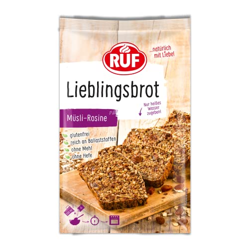 RUF Lieblingsbrot Müsli-Rosine, Brot-Backmischung, Brotmischung, Brotteig-Mischung, für Brot wie vom Bäcker, glutenfrei, ohne Mehl und Hefe, 1 x 600g von RUF