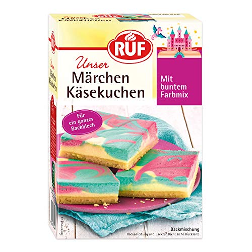 RUF Märchen Käsekuchen, märchenhafter Käsekuchen vom Blech mit buntem Farbmix in Rosa und Türkis, ideal für die Geburtstagsparty, 1 x 770g von RUF