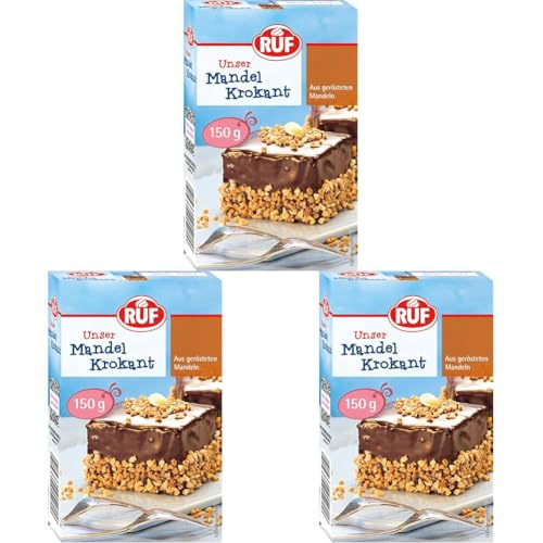 RUF Mandel-Krokant, geröstete Mandeln karamellisiert zum Garnieren von Creme-Torten, Apfel-Kuchen, Plätzchen, Pralinen & Eis, glutenfrei & vegan (Packung mit 3) von RUF