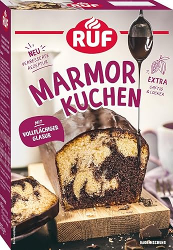 RUF Marmorkuchen, Backmischung für einen Kastenkuchen mit hellem Rührteig, Kakao-Mischung und vollflächiger Schoko-Glasur von RUF