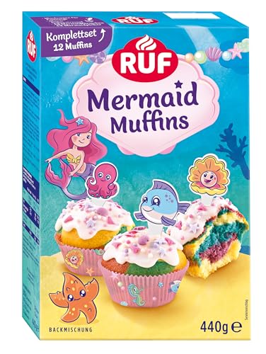 RUF Mermaid Muffins Komplettset Backmischung für dreifarbige Muffins mit Glasur, bunten Unterwasser-Streuseln und Motiv-Pickern, lustiger Backspaß mit Kindern, ideal für Geburstage, inkl. Förmchen von RUF