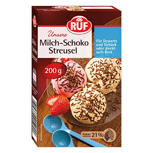 RUF Milch Schoko-Streusel, Schokoladen-Dekorfür bunte Plätzchen, Kuchen, Muffins, Pudding und Eis oder als Streusel auf Brot, glutenfrei, 1 x 200g von RUF