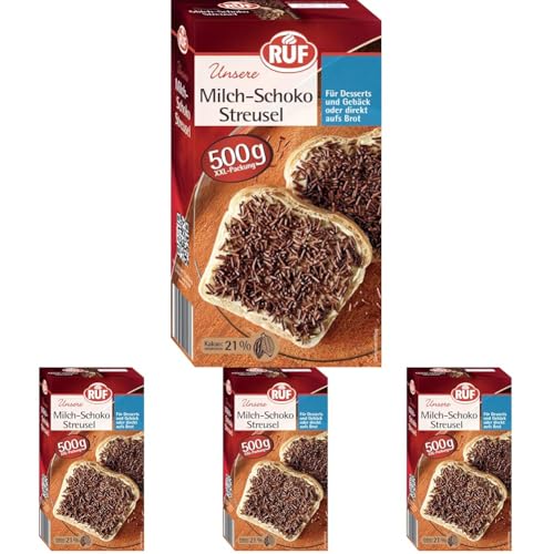 RUF Milch Schoko-Streusel XXL, 500 g Vollmilch Schokoladen-Streusel, aufs Brot, für bunte Plätzchen, Kuchen, Muffins, Pudding & Eis, glutenfrei (Packung mit 4) von RUF