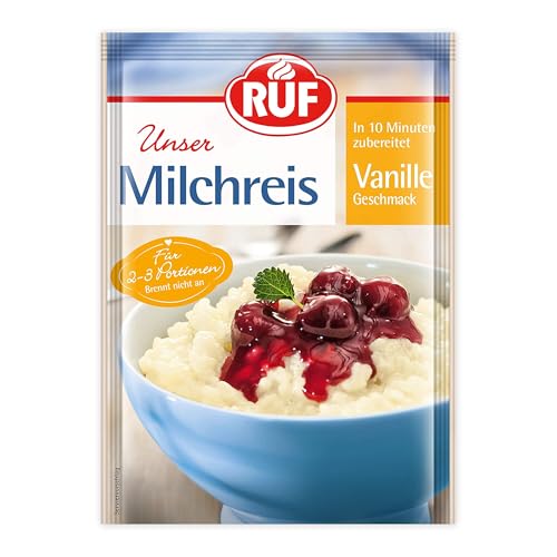 RUF Milchreis Vanille-Geschmack, Reisbrei, geeignet als Dessert, Zwischenmahlzeit oder süße Hauptspeise, fertig in 10 Minuten, 1 x 125g (Packung mit 10) von RUF