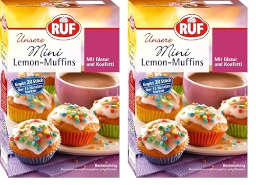 RUF Mini-Lemon-Muffins, Backmischung mit Zitronen-Geschmack, Zitronenglasur und buntem Konfetti Streudekor, mit 20 bunten Muffin-Förmchen, 1 x 350g (Packung mit 2) von RUF