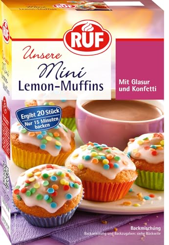 RUF Mini-Lemon-Muffins, Backmischung mit Zitronen-Geschmack, Zitronenglasur und buntem Konfetti Streudekor, mit 20 bunten Muffin-Förmchen, 1 x 350g von RUF