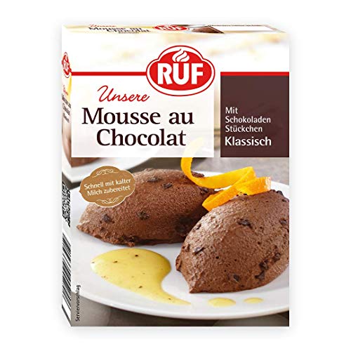 RUF Mousse au Chocolat mit zartschmelzenden Schokoladen Stückchen, klassische französische Nachspeise für Dessert Fans, glutenfrei, 12er Pack (12x100g) von RUF