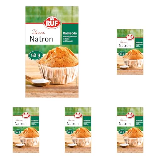 RUF Natron, Back-Soda, Alleskönner als Backtriebmittel, zum Binden von Säure, zum Entkalken und zur Verwendung in Haushalt, Kosmetik und Bad, 1x50g (Packung mit 5) von RUF