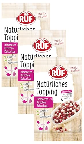 RUF Natürliches Topping mit Himbeeren, Kirschen, Reiscrisps, ohne künstliche Zusatzstoffe, Fruchtmix für Porridge und Gebäck, glutenfrei, vegan, 15g (Packung mit 3) von RUF