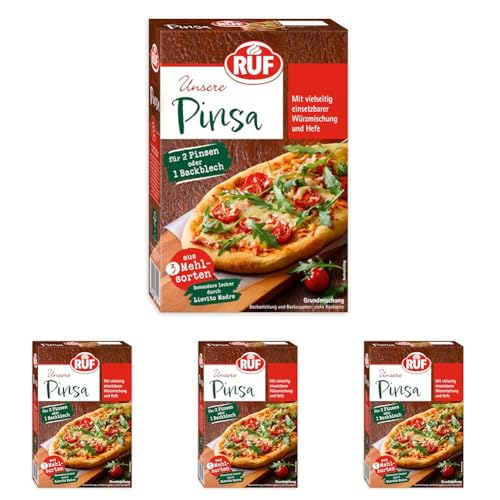 RUF Pinsa Backmischung, Pinsa Mehl für Pinsa Teig mit Lievito Madre und aromatische Würzmischung, ergibt 2 Original Pinsa Romane oder 1 Backblech, 1x 422g (Packung mit 4) von RUF