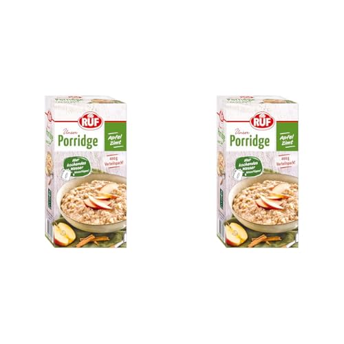 RUF Porridge Apfel Zimt, mit Vollkorn-Haferflocken, feiner Zimt-Note und getrockneten Apfel-Stückchen, für Zwischendurch, Vorratspackung, 1 x 400g (Packung mit 2) von RUF