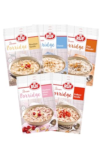 RUF Porridge Bundle (15 Stück) mit den Sorten Himbeer White Chocolate, Erdbeer Vanille, Bourbon-Vanille, Classic und Chia Mandel von RUF