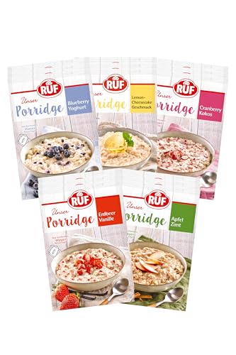 RUF Porridge Bundle Fruchtig (15 Stück) mit den Sorten Erbeer Vanille, Apfel Zimt, Blueberry Joghurt, Lemon Cheesecake und Cranberry Kokos von RUF