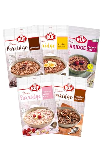 RUF Porridge Bundle Schoko (15 Stück) mit den Sorten Himbeer White Choc, Chocolate Brownie, Schokolade, Schoko Banane, Cherry Choc von RUF