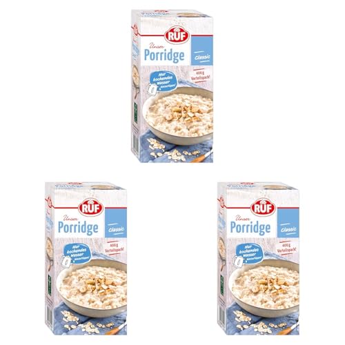 RUF Porridge Classic, gesunder Frühstück-Snack aus Vollkorn-Haferflocken, besonders lecker mit frischen Früchten oder Nüssen, Vorratspackung, 1 x 400g (Packung mit 3) von RUF