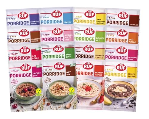 RUF Probier Set Porridge Alle Sorten (16 Stück) 1 x 16 verschiedene Sorten Instant Haferbrei für ein schnelles und gesundes Frühstück, 16 x 65g Beutel von RUF