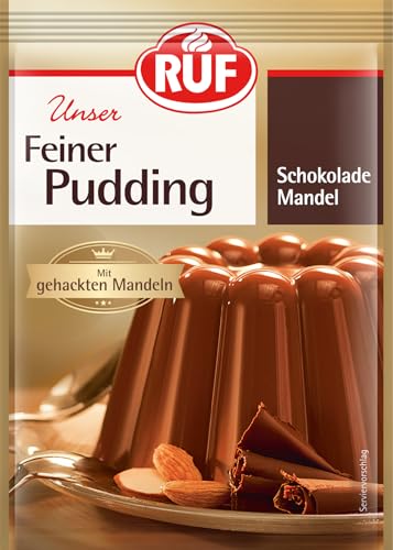 RUF Feiner Pudding Schokolade-Mandel, extra schokoladig und mit gehackten Mandeln, glutenfrei und vegan, nur mit Milch und Zucker aufkochen, 3x50g von RUF