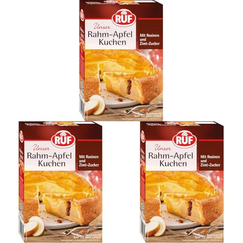 RUF Rahm-Apfelkuchen, Backmischung für einen Mürbeteig mit Äpfeln und Rosinen, Creme-Füllung und Zimt-Zucker, vegan (Packung mit 3) von RUF