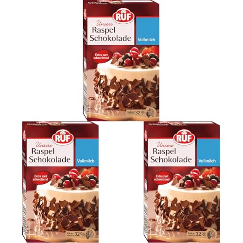 RUF Raspel-Schokolade Vollmilch, hauchdünn geraspelte Vollmilchschokolade, Schoko-Raspeln zartschmelzend für Kuchen, Torten, Muffins & Eis, glutenfrei (Packung mit 3) von RUF