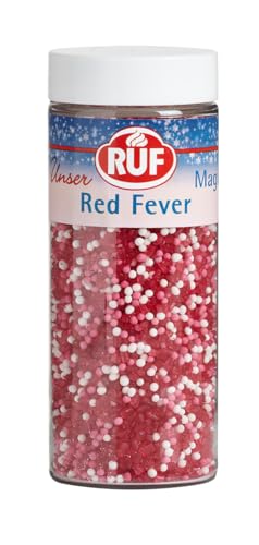 RUF Red Fever Streusel, glänzende Torten-Deko, Zucker-Perlen in rosa weiß und schimmernde rote Zucker-Kristalle, zum Verzieren von Plätzchen, Cupcakes Deko von RUF