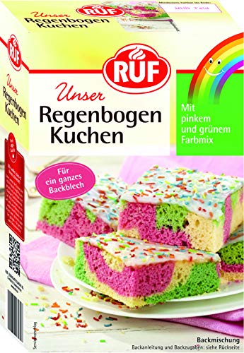 RUF Regenbogen-Kuchen, bunter Blechkuchen in hell, pink und grün mit Glasur und bunten Zuckerstreuseln, optimal für den Kindergeburtstag, 6 x 840g von RUF