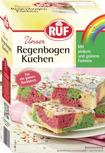 RUF Regenbogen-Kuchen, bunter Blechkuchen mit hellem Rührteig, in pink und grün mit Glasur und bunten Zuckerstreuseln, schneller Kuchen für Kinder-Geburtstag von RUF