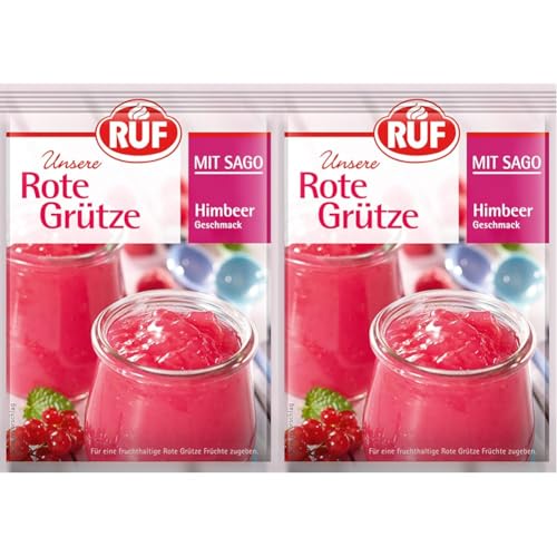 RUF Rote Grütze mit Himbeer-Geschmack, norddeutsche Spezialität mit Sago, fruchtiges Dessert für heiße Sommertage, glutenfrei und vegan, 18 x 43g (Packung mit 2) von RUF