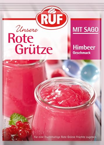 RUF Rote Grütze mit Sago-Perlen, norddeutsche Spezialität mit Himbeer-Geschmack, fruchtiges Dessert für heiße Sommertage, glutenfrei & vegan, 3 x 43g von RUF