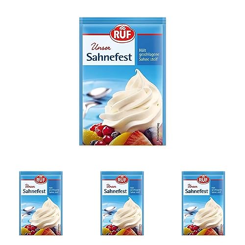 RUF Sahnefest hält geschlagene Sahne steif, verzögert als Pulver angewendet das Durchweichen von Obstböden, glutenfrei und vegan laut Rezeptur, 5x8g (Packung mit 4) von RUF