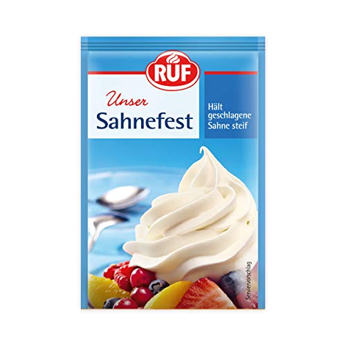 RUF Sahnefest hält geschlagene Sahne steif, verzögert als Pulver angewendet das Durchweichen von Obstböden, glutenfrei und vegan laut Rezeptur von RUF