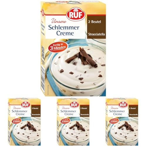 RUF Schlemmercreme Stracciatella Doppelpack, ohne Kochen, Dessertpulver für eine locker fluffiges Creme-Dessert mit feiner Rsapelschokolade, glutenfrei (Packung mit 4) von RUF