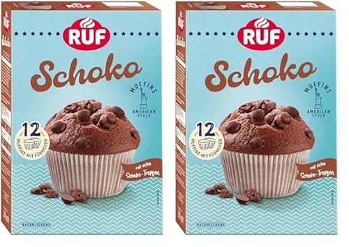 RUF Schoko-Muffins Backmischung, schokoladige American Style Muffins mit Schockoflocken, einfache Zubereitung, 12 Muffin-Förmchen inklusive (Packung mit 2) von RUF