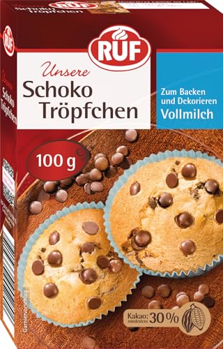 RUF Schoko-Tröpfchen Vollmilch, backfeste Schokoladen-Tropfen zum Backen & Dekorieren von Kuchen & Co., Topping für Porridge, glutenfrei & vegan von RUF