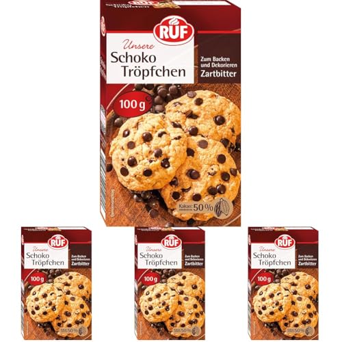 RUF Schoko-Tröpfchen Zartbitter, backfeste Schokoladen-Tropfen zum Backen & Dekorieren von Kuchen & Co., Topping für Porridge, glutenfrei & vegan (Packung mit 4) von RUF