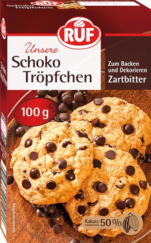 RUF Schoko-Tröpfchen Zartbitter, backfeste Schokoladen-Tropfen zum Backen & Dekorieren von Kuchen & Co., Topping für Porridge, glutenfrei & vegan von RUF