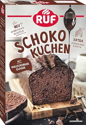 RUF Schokokuchen, Backmischung für einen Kastenkuchen aus besonders schokoladigem Rührteig mit vollflächiger Schoko-Glasur von RUF