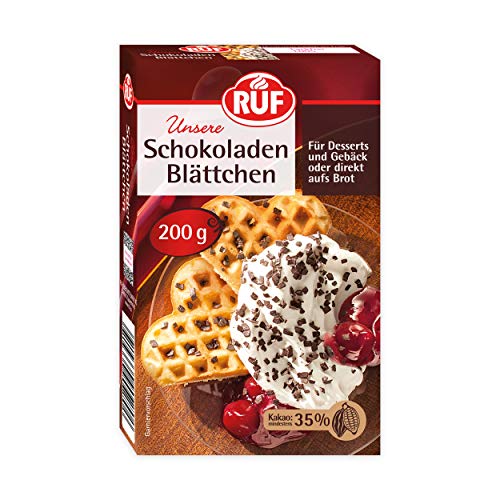 RUF Schokoladen-Blättchen Kakao, Schoko-Flocken direkt aufs Brot oder als Dekor für Torten, Kuchen, Muffins, Cup-Cakes & Desserts, 1 x 200g von RUF