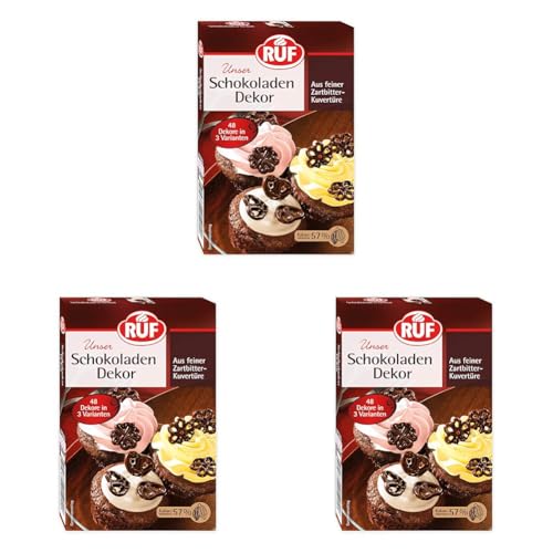 RUF Schokoladen-Dekor, 48 Ornamente aus Zartbitter-Kuvertüre, zum Garnieren & Dekorieren von Torten, Kuchen, Gebäck & Eis, glutenfrei & vegan,1 x 38g (Packung mit 3) von RUF