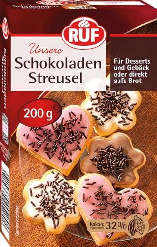 RUF Schokoladen-Streusel, Schoko-Dekor für bunte Plätzchen, Kuchen, Muffins, Pudding und Eis oder als Streusel auf Brot, glutenfrei und vegan, 1 x 200g von RUF